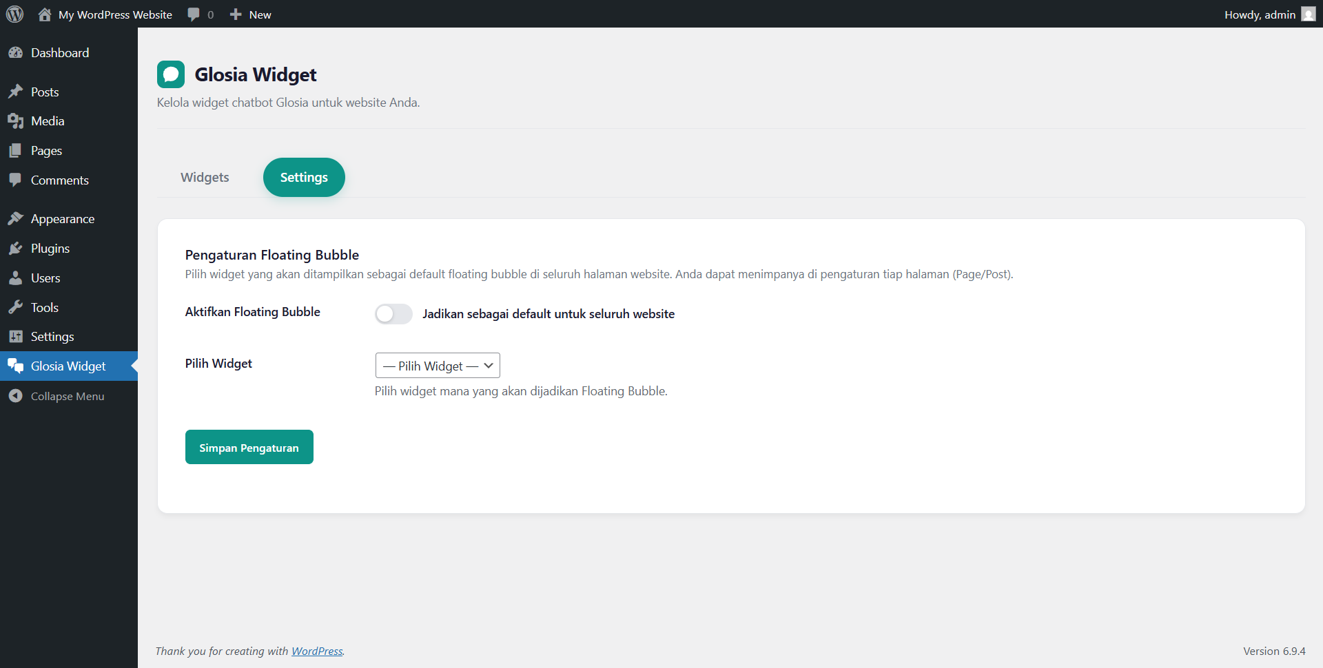 Halaman pengaturan plugin Glosia Widget