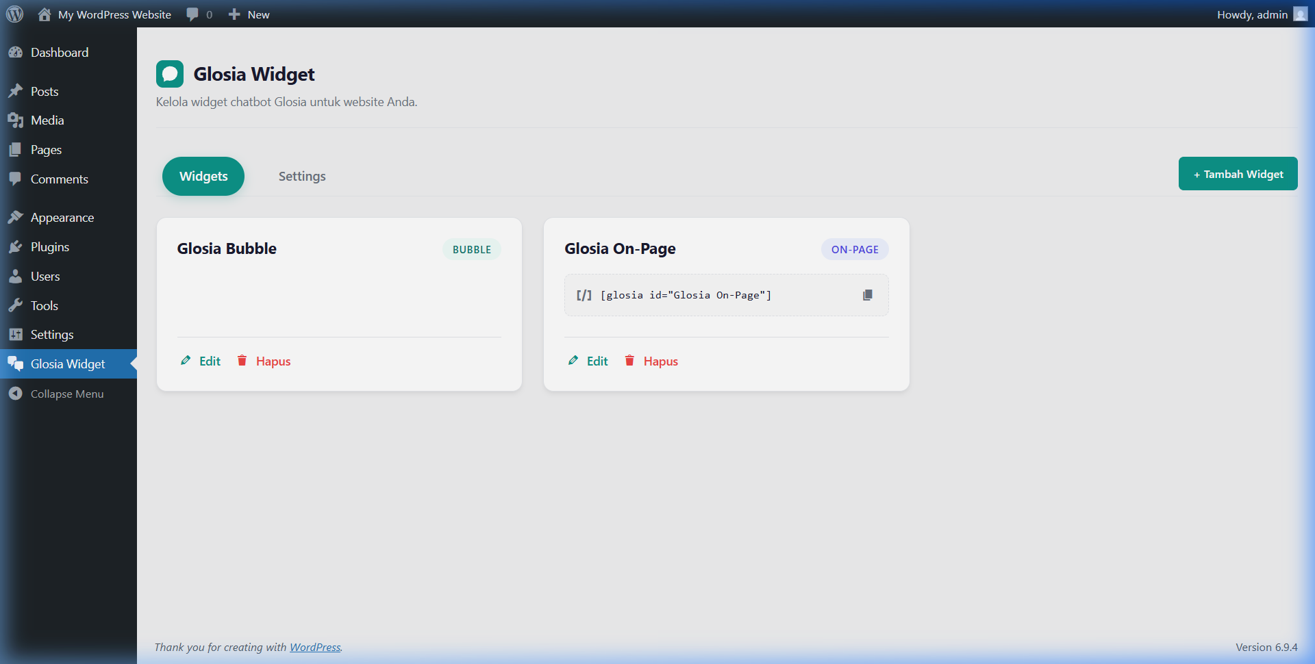 Menyalin shortcode widget