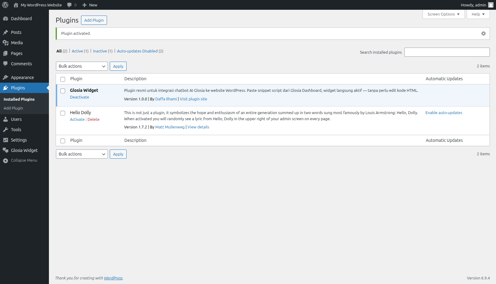 Upload dan aktifkan plugin